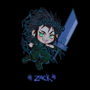 May include: A chibi-style illustration of a character with spiky black hair, green eyes, and a mischievous grin. The character is holding a large, silver sword and is surrounded by a blue and black lightning-like pattern. The text "Lukabooga" is written in a stylized font above the character's head, and the text "*ZACK*" is written below the character.