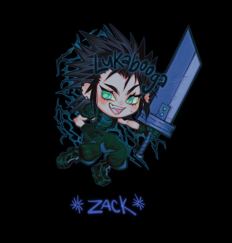 May include: A chibi-style illustration of a character with spiky black hair, green eyes, and a mischievous grin. The character is holding a large, silver sword and is surrounded by a blue and black lightning-like pattern. The text "Lukabooga" is written in a stylized font above the character's head, and the text "*ZACK*" is written below the character.