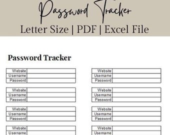 Suivi numérique des mots de passe imprimable au format Lettre US au format PDF et Microsoft Excel