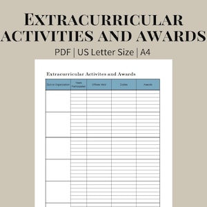Puede incluir: Documento PDF imprimible titulado « ACTIVIDADES Y PREMIOS EXTRACURRICULARES ». El documento está formateado para el tamaño US Letter y papel A4. Incluye una tabla con columnas para la organización, años de participación, cargos ocupados, deberes y premios.