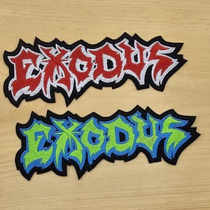 May include: Two embroidered patches with the word "Exodus" in a bold, stylized font. The top patch is red with white outlines, and the bottom patch is green with blue outlines.