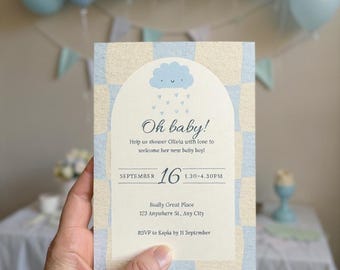 Faire-part de baby shower damier bleu