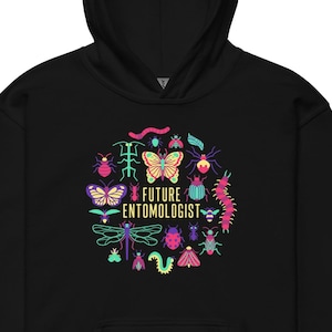 May include: Black hooded sweatshirt with a front pocket and a colorful graphic of various insects and the text "FUTURE ENTOMOLOGIST". The graphic includes butterflies, beetles, and other bugs in shades of pink, green, and blue.