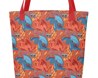Red and Blue Dragons Tote Bag, Magic The Gathering Tote Bag, Cute Dragon Tote Bag