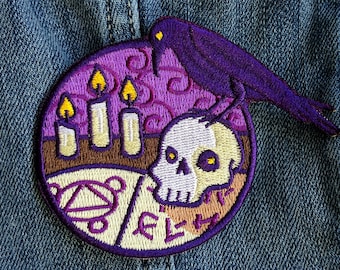 DnD Necromancer Embroidered Patch: Skull & Crow Iron-On