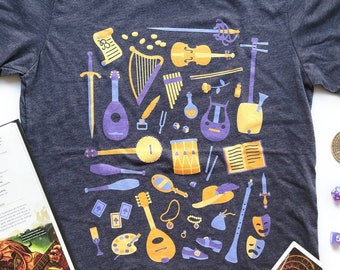 May include: A dark blue t-shirt with a graphic print of various musical instruments and other objects related to the Bard class in Dungeons and Dragons. The graphic is in shades of yellow, purple, and white.