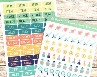 Dungeons and Dragons Session Notes Sticker Sheets - Text and Icon Session Notes Sticker Sheets, D&D Journal Stickers