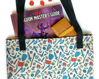 Tabletop Items Tote bag in Cream, Colorful Dungeons and Dragons tote bag, D&D bag