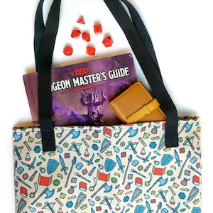 Tabletop Items Tote bag in Cream, Colorful Dungeons and Dragons tote bag, D&D bag