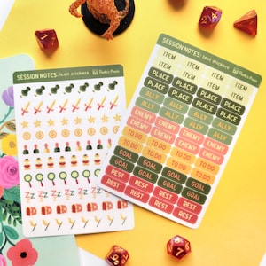 Stickervellen Dungeons and Dragons sessienotities in herfstkleuren - tekst en pictogram stickervellen sessienotities, D&D-dagboekstickers