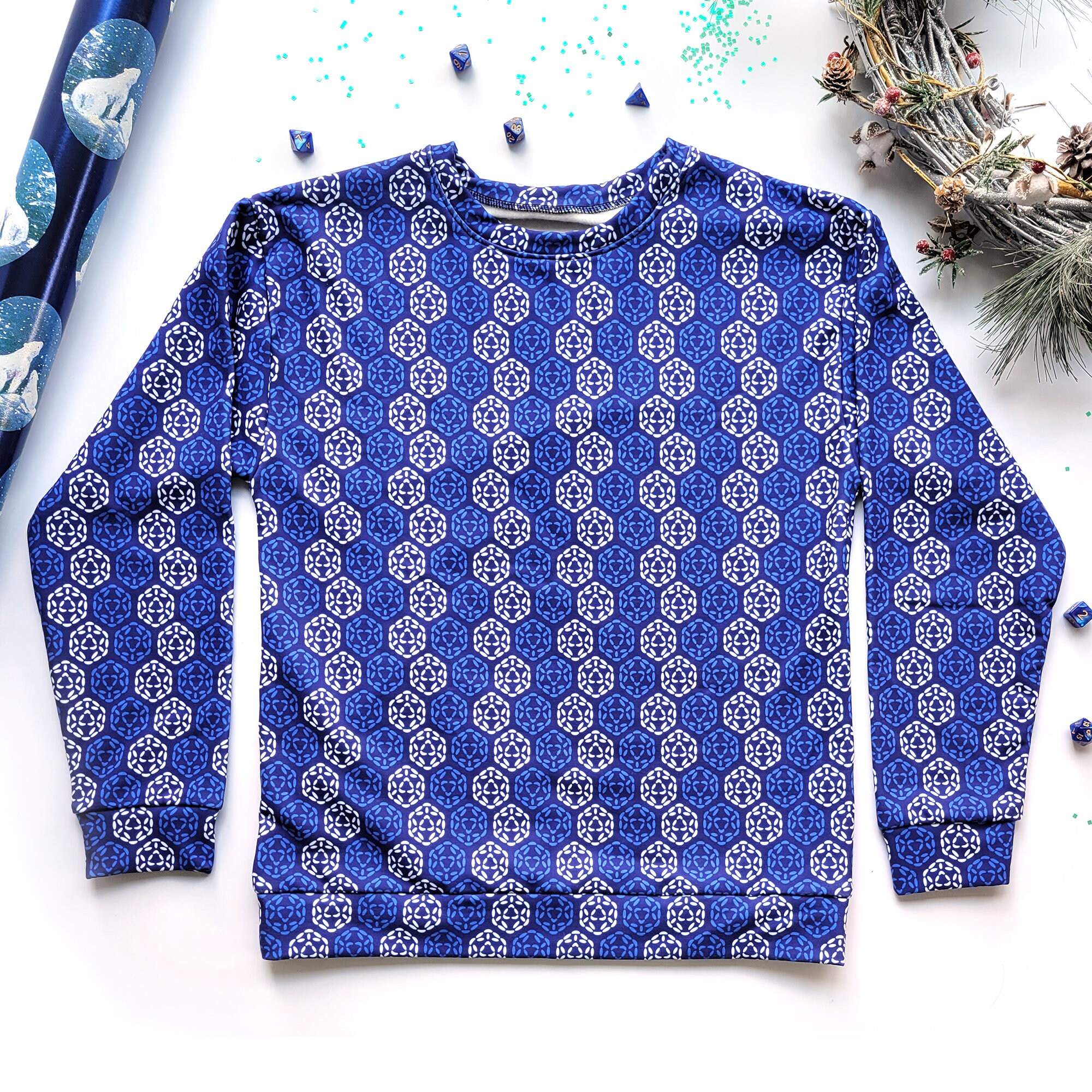 Blue D20 Holiday Sweatshirt Dice 