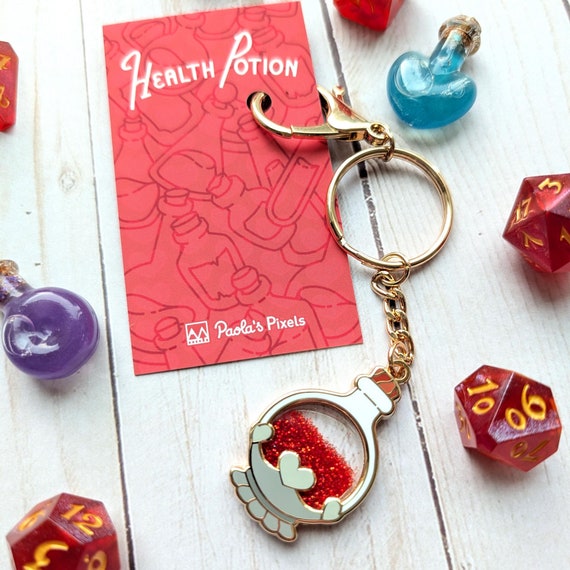 Health Potion Glitter Keychain: Dungeons and Dragons Geeky Enamel Keychain
