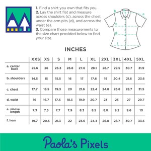 Puede incluir: Una tabla de tallas para camisas en pulgadas, que muestra las medidas de la espalda central, los hombros, el pecho, la cintura, la longitud de la manga y el dobladillo. La tabla incluye tallas desde XXS hasta 5XL.