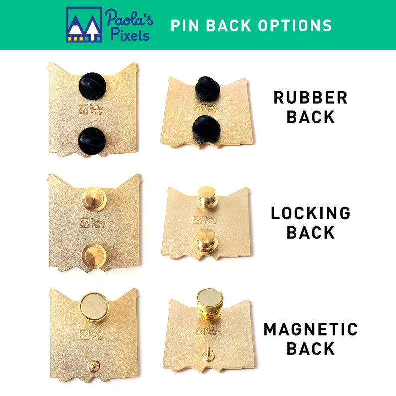 May include: Three gold-colored enamel pins with different backings: rubber, locking, and magnetic. Each pin features a logo with the text "Paola's Pixels" and a stylized mountain range.
