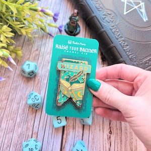 Wizard Banner Enamel Pin, Dungeons and Dragons Enamel Pin, Spell book pin