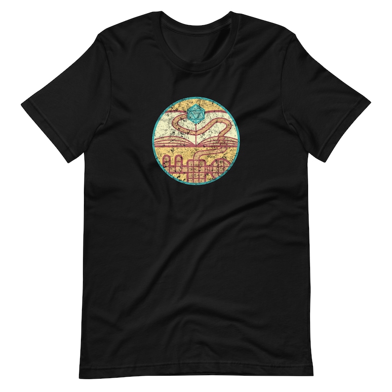 May include: Black t-shirt with a vintage-style graphic of a book with a winding path leading to a blue and yellow dice.