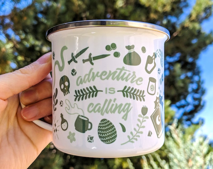 Adventure is Calling Enamel Mug, Dungeons and Dragons mug