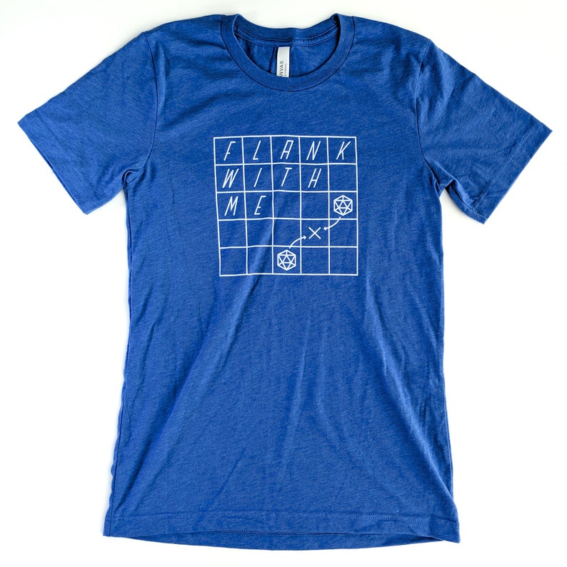 May include: A royal blue t-shirt with a white graphic of a grid with the words "FLANK WITH ME" and a dice symbol.