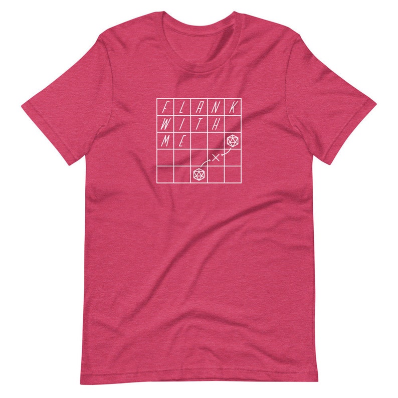 May include: A red t-shirt with a white graphic of a grid with the words "FLANK WITH ME" and a dice symbol.
