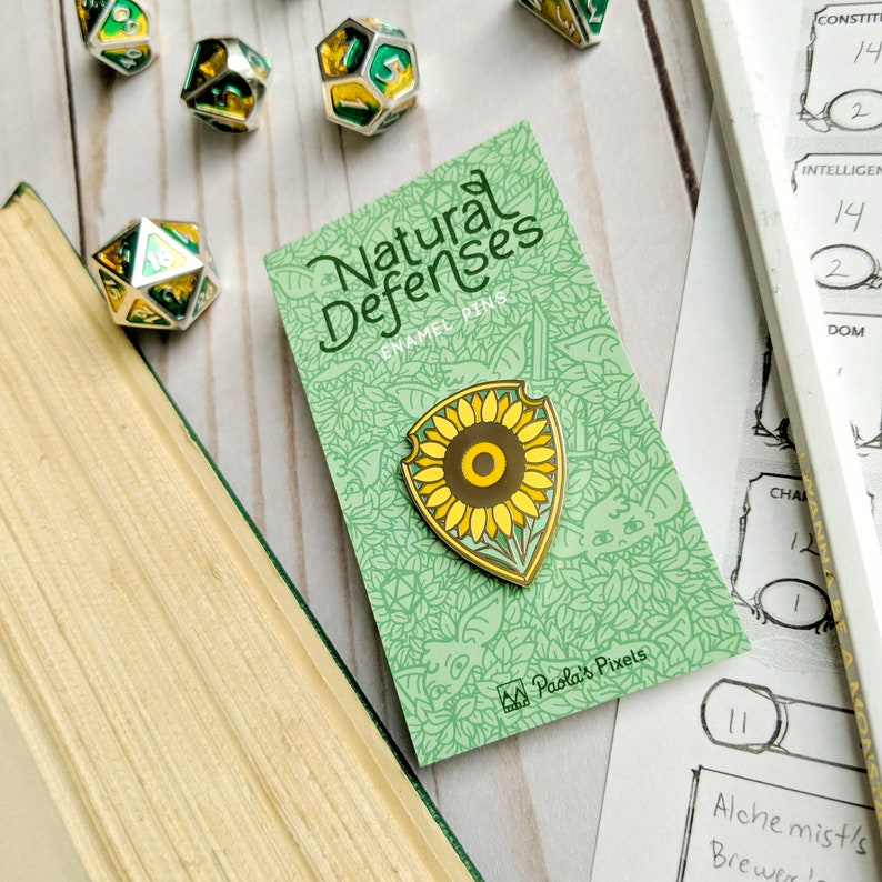 Shield of Helianthus Enamel Pin, Dungeons and Dragons Enamel Pin, Sunflower pin image 1