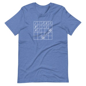 May include: A blue t-shirt with a white graphic of a grid with the words "FLANK WITH ME" and a dice symbol.