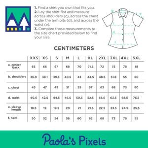 Puede incluir: Una tabla de tallas para camisas en varios tama&ntilde;os, desde XXS hasta 5XL, con medidas en cent&iacute;metros para la espalda central, los hombros, el pecho, la cintura, la longitud de la manga y el dobladillo.