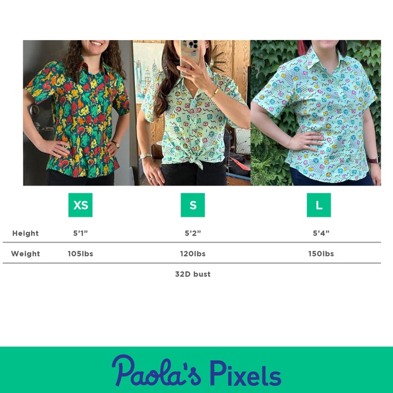 Puede incluir: Tres mujeres vistiendo diferentes tallas de una camisa de botones de manga corta con estampado verde y azul. La camisa tiene un corte holgado y un cuello. Las mujeres est&aacute;n de pie frente a un fondo blanco. Las tallas son XS, S y L. La altura y el peso de cada mujer se enumeran debajo de la talla.