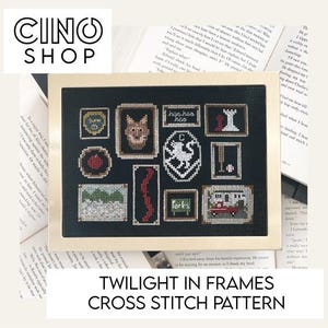 May include: A cross stitch pattern for a Twilight-themed project. The pattern features a black background with various images in frames, including a wolf, an apple, a tree, a vampire, a car, and the words "forks" and "hap-hap-hoo". The title "Twilight in Frames Cross Stitch Pattern" is displayed below the image.