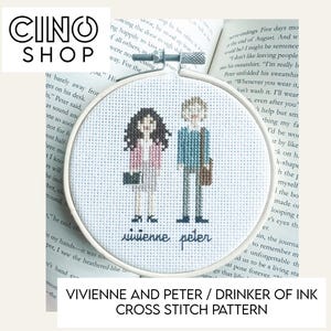 May include: Cross stitch pattern featuring two figures, a woman with brown hair wearing a pink shirt and a man with brown hair wearing a blue shirt. The pattern is titled "Vivienne and Peter / Drinker of Ink Cross Stitch Pattern".