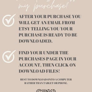 Op de afbeelding: Een beige afbeelding met de tekst "how do I access my purchase?" en instructies over het downloaden van bestanden na aankoop. Inclusief het CINO SHOP logo.