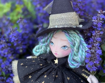 Starry Moon Witch Soft Sculpture Cloth Doll, Gothic Art Fabric Doll, OOAK spooky magic goth witch hat with potions