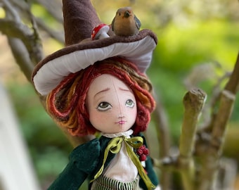 Mushroom Witch Soft Sculpture Cloth Doll, Forest Fairy Art Fabric Doll, OOAK Fae magic, Fungi Amanita Muscaria Witch Hat, Gender Neutral