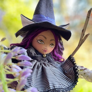 Kitty Witch Soft Sculpture Cloth Doll, Gothic Art Fabric Doll, OOAK spooky magic goth witch hat cat ears & tail BIPOC black doll tan skin