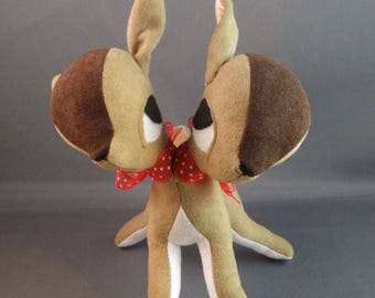 Cervo fulvo a due teste, gemelli siamesi, in marrone scuro, realizzati su ordinazione, scultura morbida, regalo per neonati, retrò, bizzarro