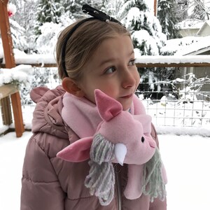 Pastel Light Pink Unicorn Scarf, Short or X-Long Unicorn Stuffed Animal Scarf Kids or Adults, Pink with Magical Rainbow Hair & Glitter Horn image 4