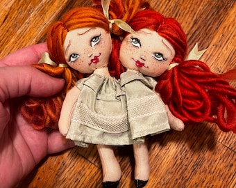 Tiny Rag Doll for Your or Your Dolls, Red Headed Two Headed conjoined twins sized for Blythe or BJD
