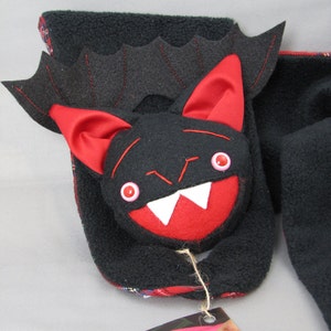 Black Bat Stuffed Animal Scarf, Short or Extra Long, bat wings and fangs black and red image 2