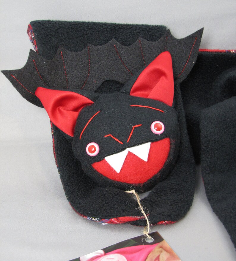 Black Bat Stuffed Animal Scarf, Short or Extra Long, bat wings and fangs black and red image 2