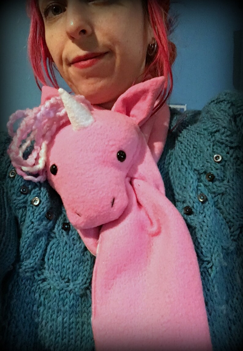 Pastel Light Pink Unicorn Scarf, Short or X-Long Unicorn Stuffed Animal Scarf Kids or Adults, Pink with Magical Rainbow Hair & Glitter Horn image 8