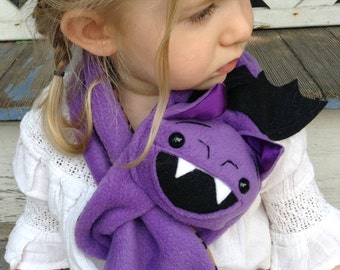 Purple Bat Stuffed Animal Scarf, Short or extra long for kids or adults, bat wings and fangs