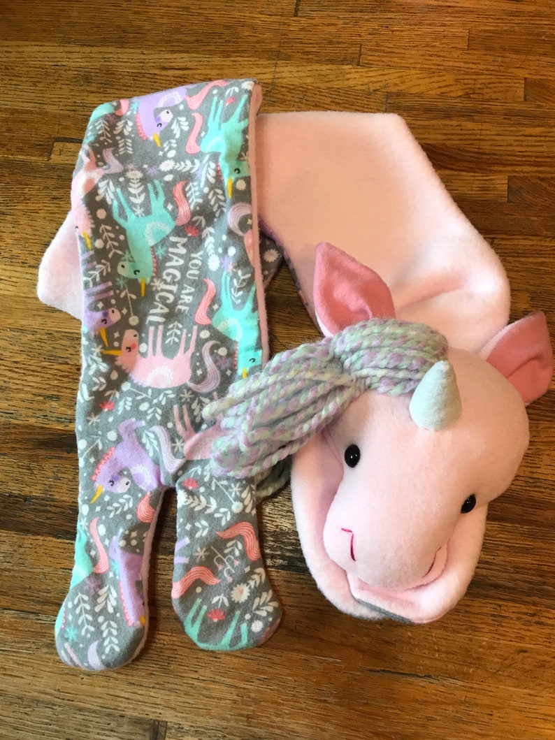 Pastel Light Pink Unicorn Scarf, Short or X-Long Unicorn Stuffed Animal Scarf Kids or Adults, Pink with Magical Rainbow Hair & Glitter Horn image 6