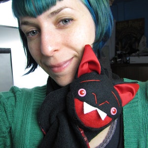 Black Bat Stuffed Animal Scarf, Short or Extra Long, bat wings and fangs black and red image 1