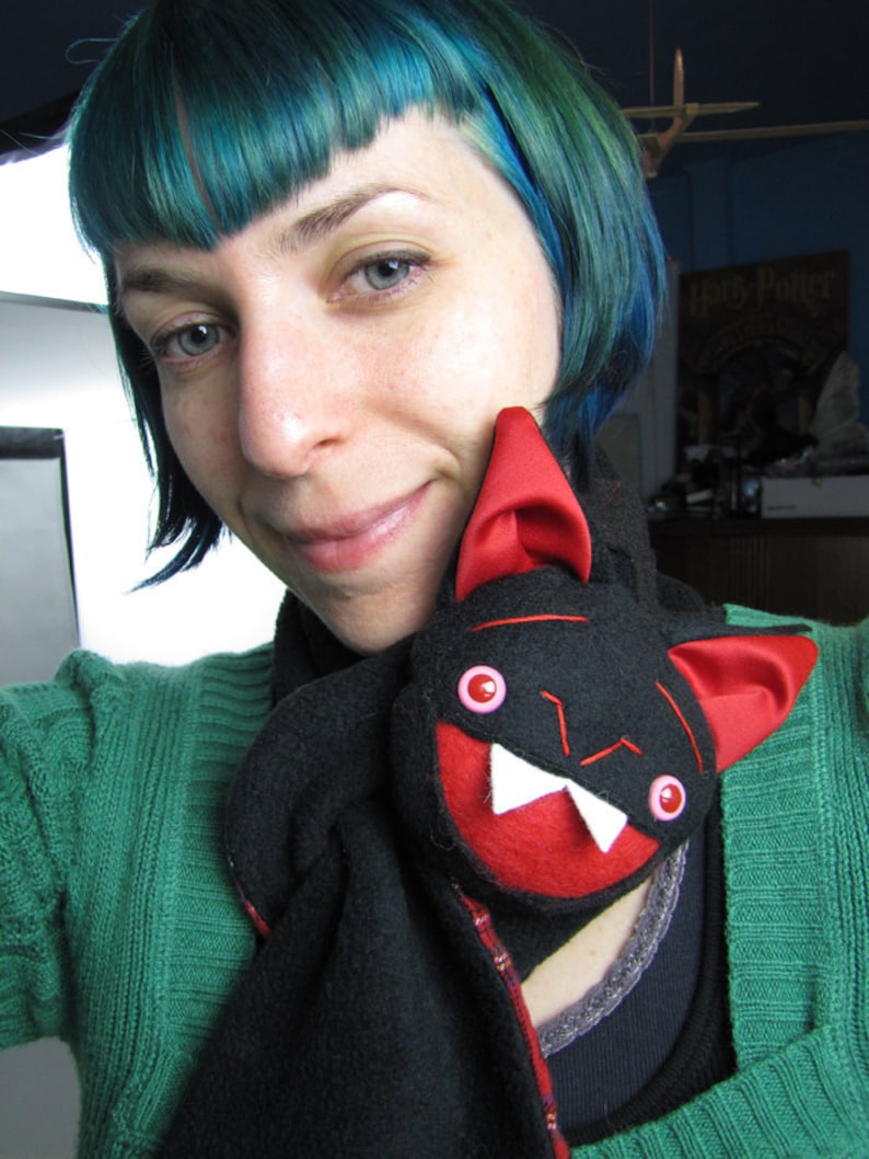 Black Bat Stuffed Animal Scarf, Short or Extra Long, bat wings and fangs black and red image 1