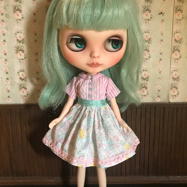 Blythe Dress, Liberty of London blue and pink floral with stripes outfit doll clothes blythe size bodies, Licca Takara pure neemo Kenner