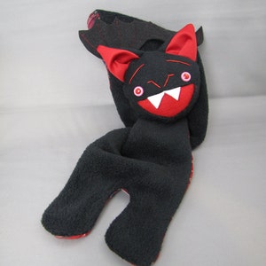 Black Bat Stuffed Animal Scarf, Short or Extra Long, bat wings and fangs black and red image 3