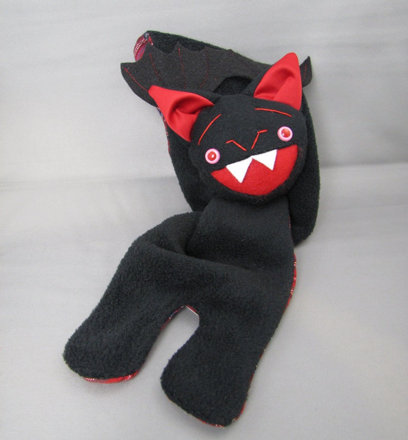 Black Bat Stuffed Animal Scarf, Short or Extra Long, bat wings and fangs black and red image 3