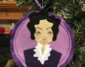 His Purple Majesty, Christmas Tree Ornament, felt hand drawn wall hanging, patch holiday decor decoration fan art