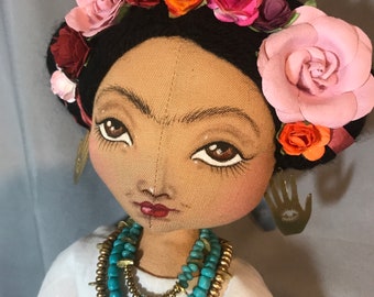 Frida Kahlo Art Doll, Mexican Artist Fabric Cloth Rag doll, artist icon feminist pink striped skirt lace shirt