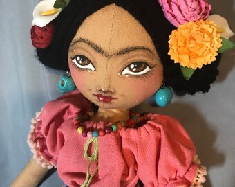 Frida Kahlo Art Doll, Mexican Artist Fabric Cloth Rag doll, artist icon feminist