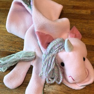 Pastel Light Pink Unicorn Scarf, Short or X-Long Unicorn Stuffed Animal Scarf Kids or Adults, Pink with Magical Rainbow Hair & Glitter Horn image 7